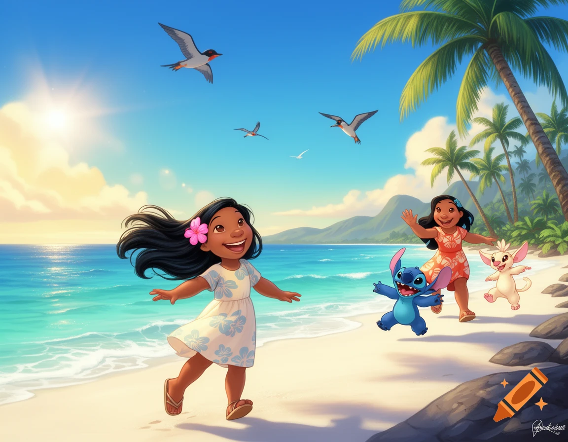 Lilo, Stitch, Angel, and another girl joyfully run along a sunny Hawaiian beach with palm trees and birds flying overhead in a cartoon style.