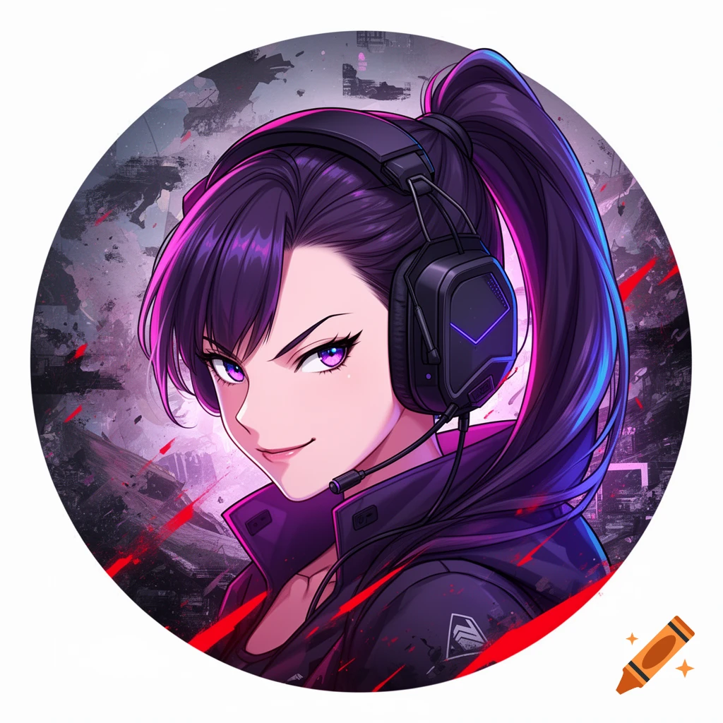 Anime gamer girl with purple hair and headset, looking confident against a gritty background, in a circular digital art style.