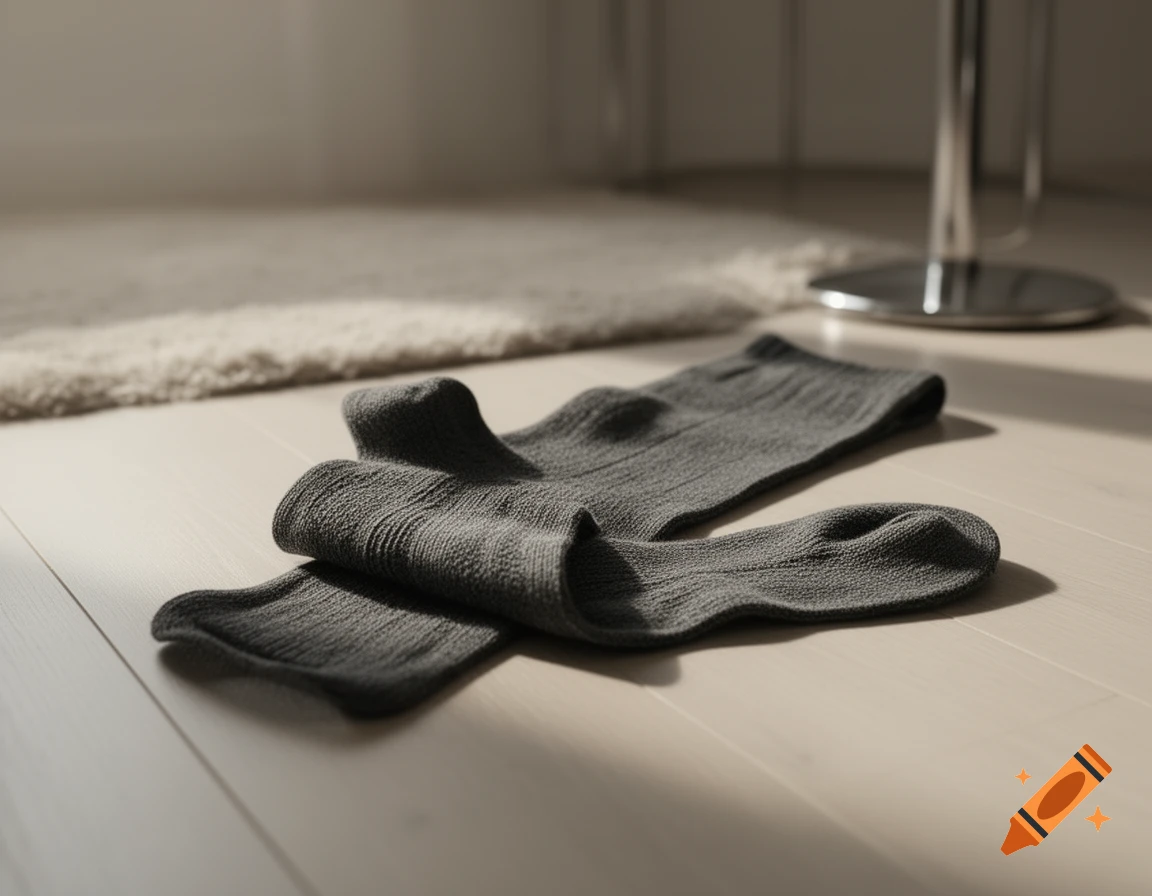 A pair of dark grey tights lying on a light wooden floor, partially illuminated by sunlight, with a blurred rug and metal object in the background.