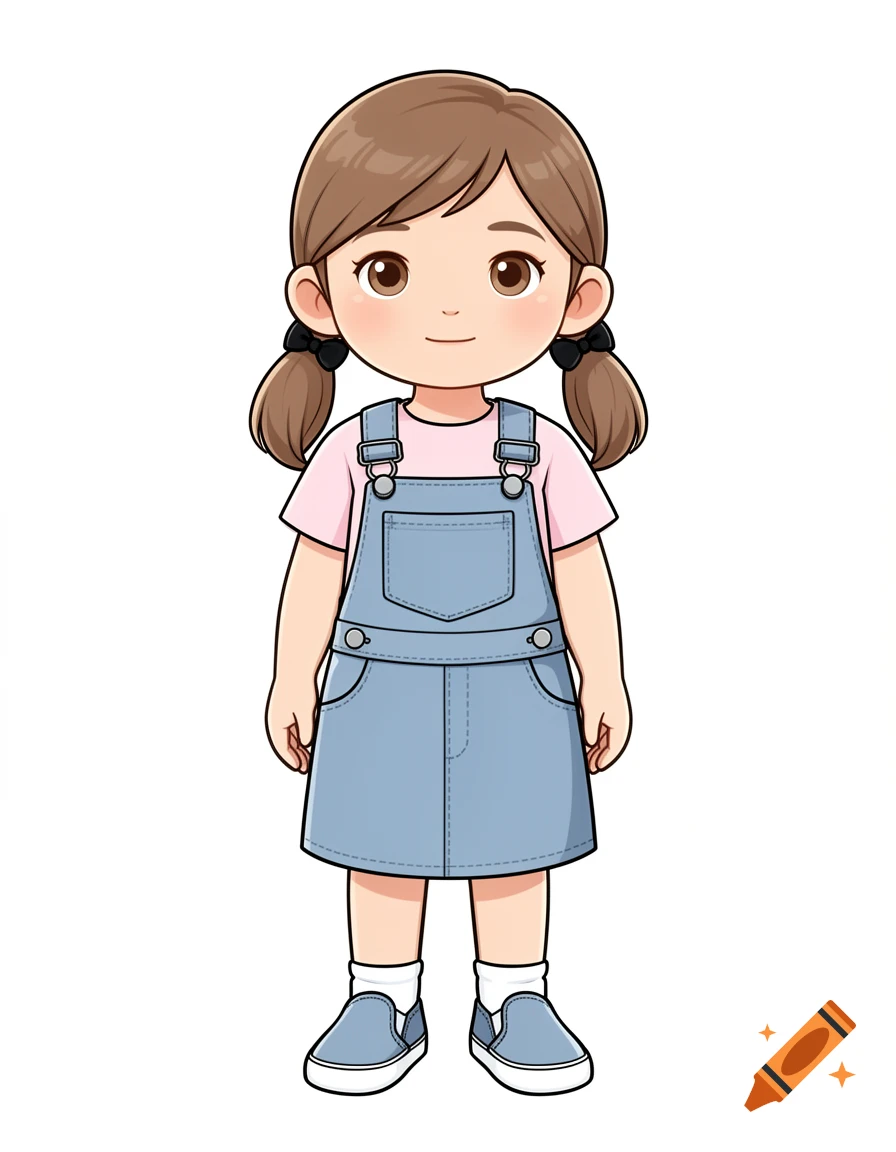 Cartoon girl with brown pigtails in a pink t-shirt and blue denim overall dress, smiling gently on a white background.