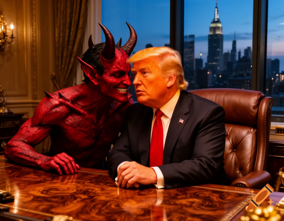 Donald Trump in a suit at a desk, looking at a red devil with horns whispering into his ear, with a city skyline in the background.