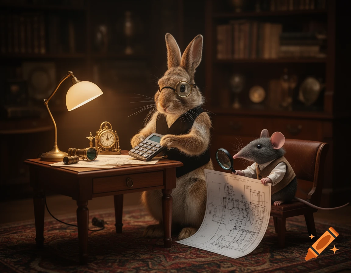 An anthropomorphic rabbit in glasses uses a calculator, while a mouse examines blueprints with a magnifying glass in a cozy, dimly lit study.