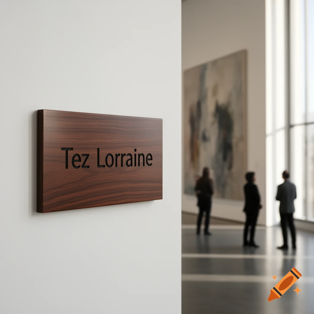 A wooden sign with "Tez Lorraine" in black letters hangs on a white wall in an art gallery, with blurred figures and abstract art in the background.