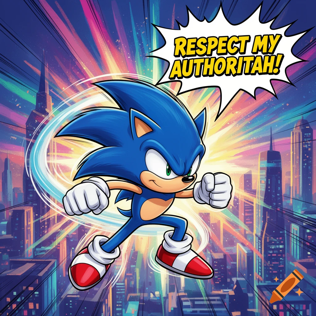 Sonic the Hedgehog speeds through a vibrant city, yelling 'RESPECT MY AUTHORITAH!' in a dynamic comic book style.