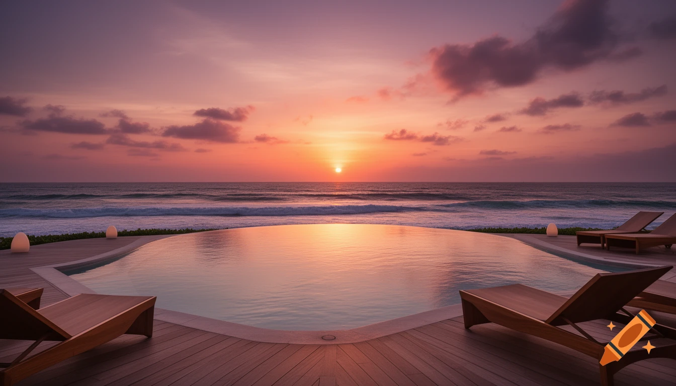 A vibrant orange and purple sunset over a photorealistic infinity pool overlooking the ocean with lounge chairs.