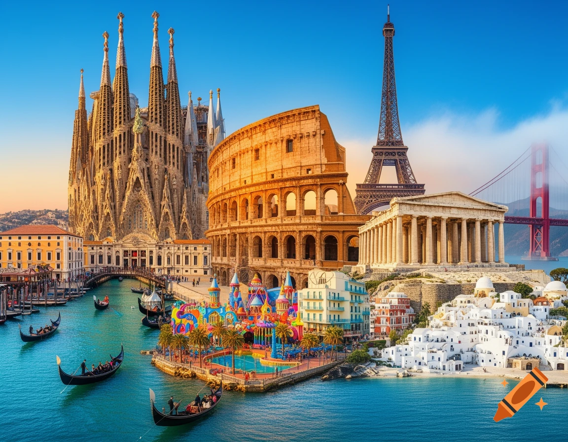 A vibrant collage featuring the Sagrada Familia, Colosseum, Eiffel Tower, Parthenon, Golden Gate Bridge, and Santorini villages.