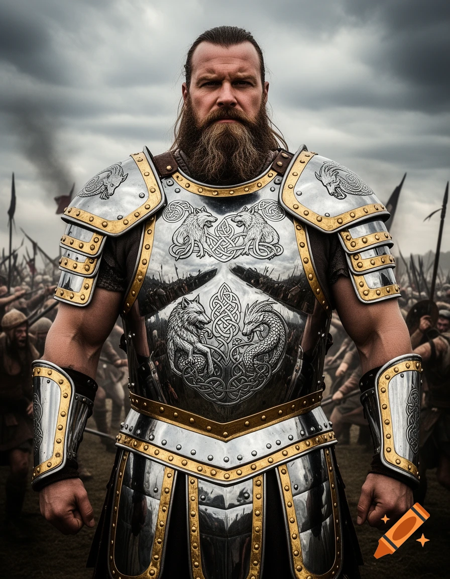 A fierce bearded barbarian warrior in elaborate silver and gold steel armor stands on a battlefield with other warriors in the background.