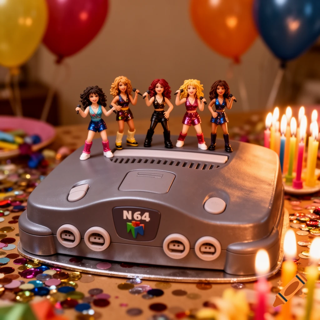 A birthday cake shaped like a gray Nintendo 64 console with five Spice Girls figurines on top, surrounded by colorful confetti and lit birthday candles.