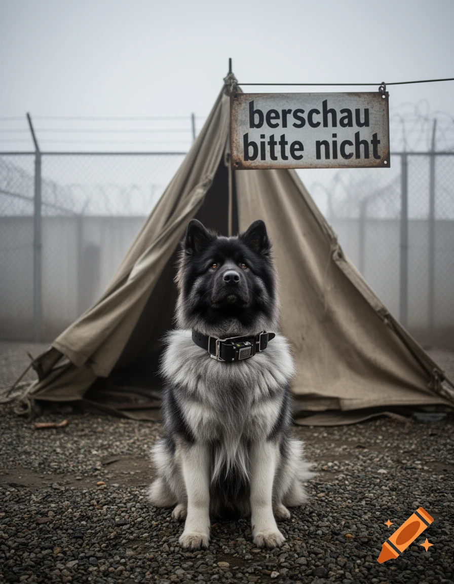 A black and white Eurasier dog sits on gravel in front of a military tent and barbed wire fence under a sign. Photorealistic.