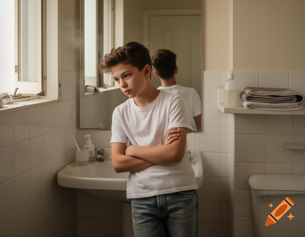 Photorealistic image of a thoughtful teenage boy with crossed arms standing in a bathroom.