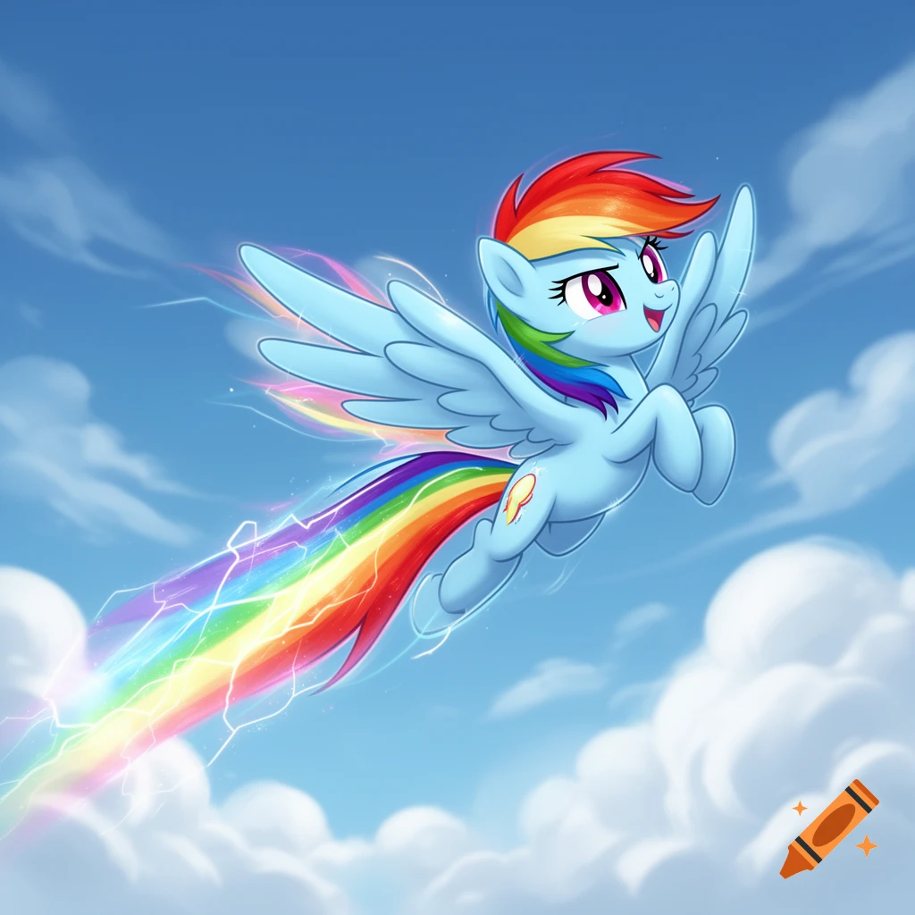 Cartoon pegasus Rainbow Dash with a rainbow mane flies happily through a blue sky with clouds, leaving a rainbow and lightning trail.