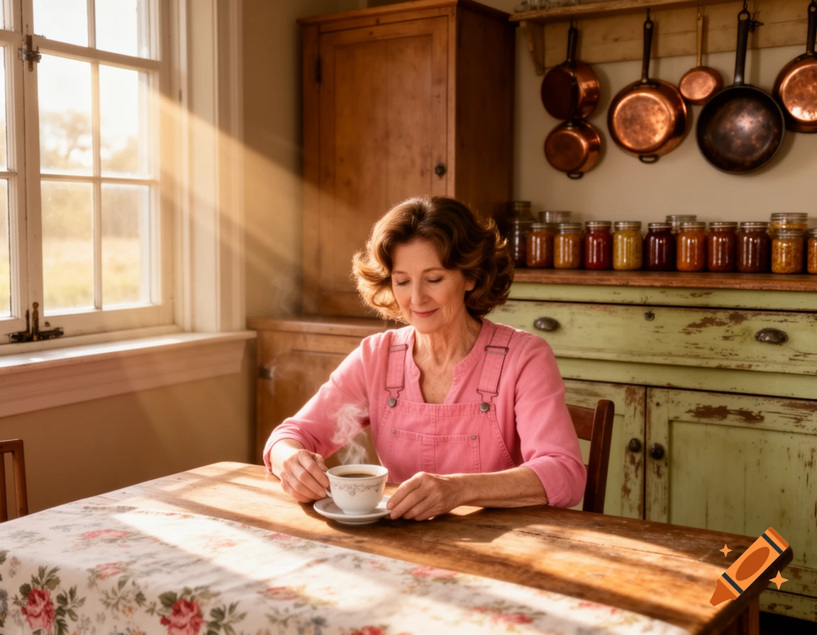 A woman in pink overalls sips coffee at a rustic kitchen table, illuminated by sunlight, with copper pots and jars on shelves.