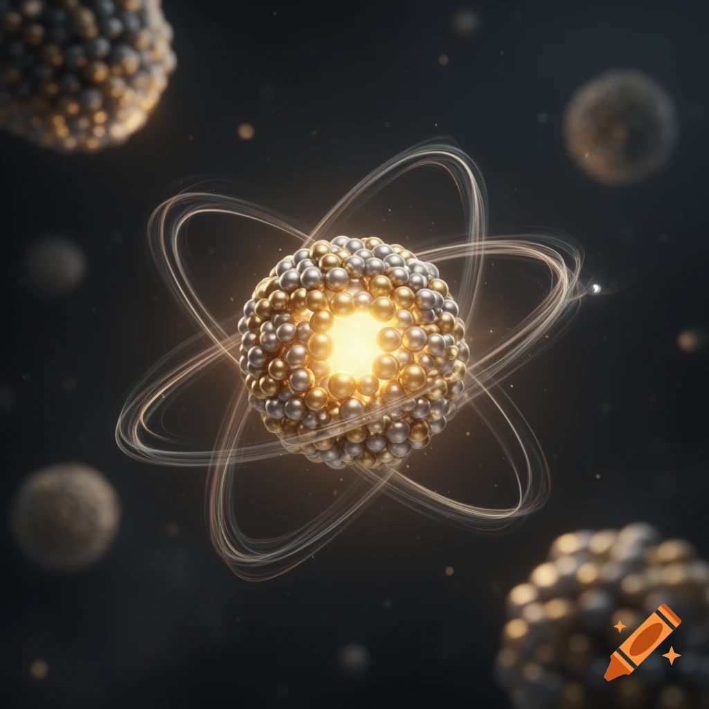 A glowing atomic nucleus made of gold and silver spheres with orbiting electron trails on a dark background.