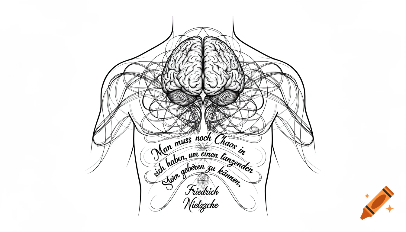 Black and white fine-line tattoo design of a human brain with abstract geometric lines spreading across the chest and shoulders, featuring a quote by Friedrich Nietzsche.