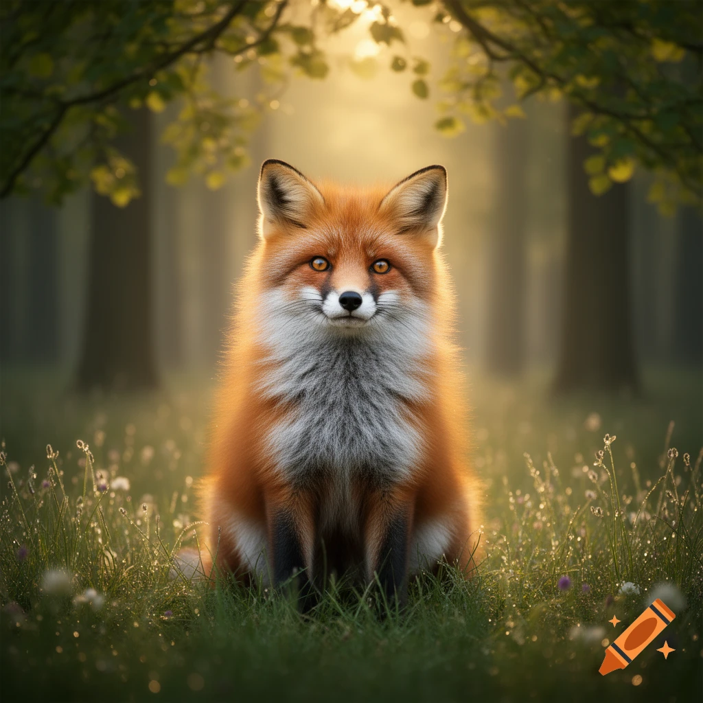 A photorealistic red fox sits on a grassy forest floor, looking forward, with soft sunlight filtering through trees in the background.