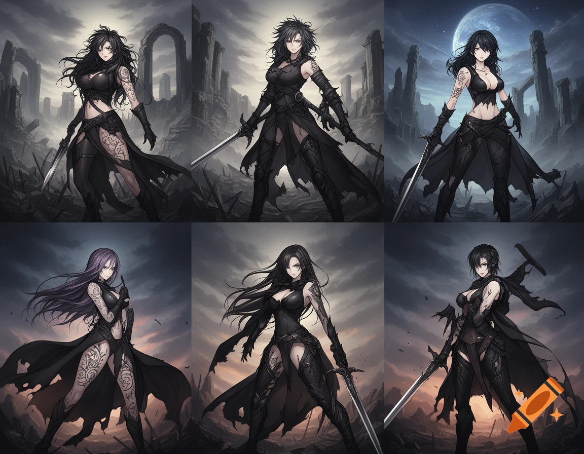 A collage of six stylized anime warrior women in dark, ripped attire, with tattoos and swords, standing in a ruined city landscape under dark skies.