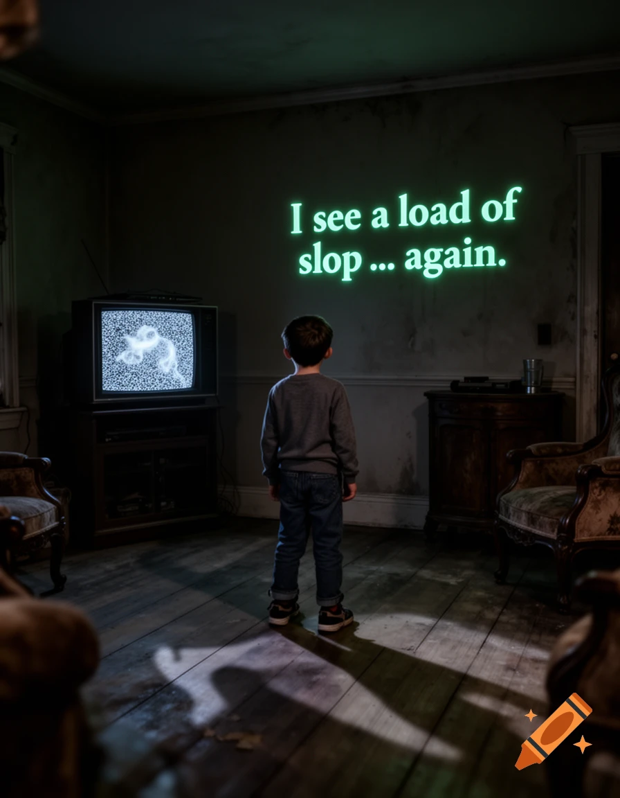 A child stands in a dark, old room, facing a wall with glowing green text that reads "I see a load of slop ... again." A vintage static TV is to the left.