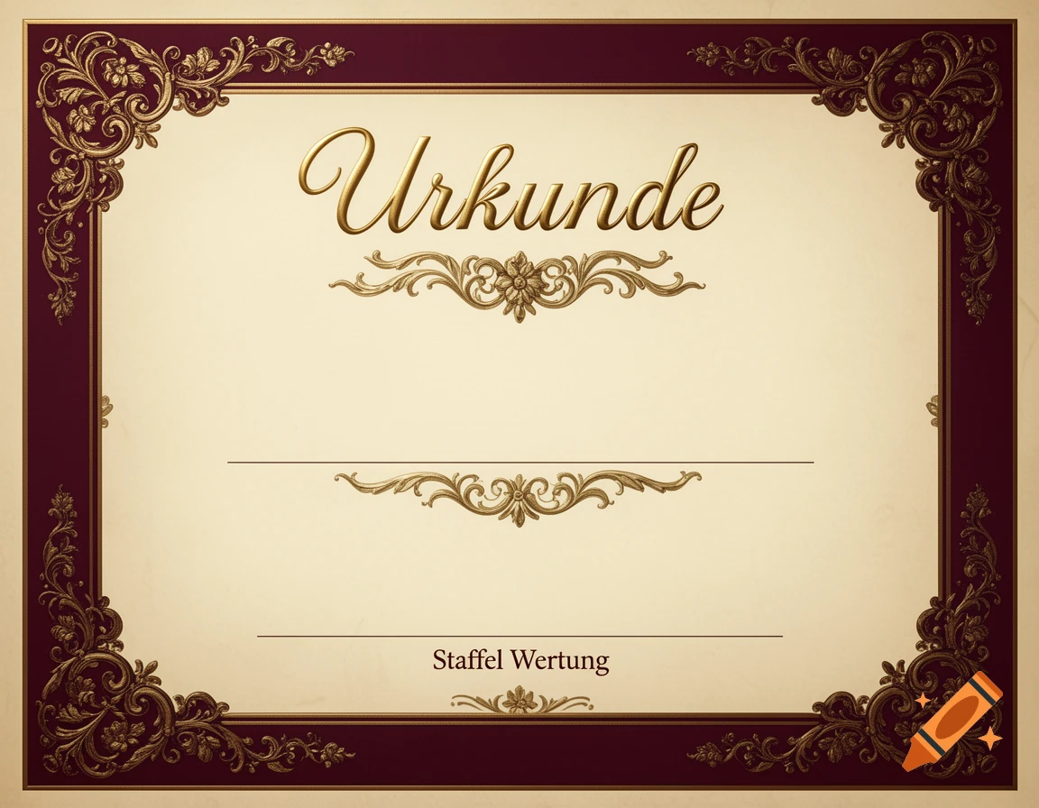 An ornate gold and maroon certificate with the word 'Urkunde' and 'Staffel Wertung' in a decorative font, with blank lines.
