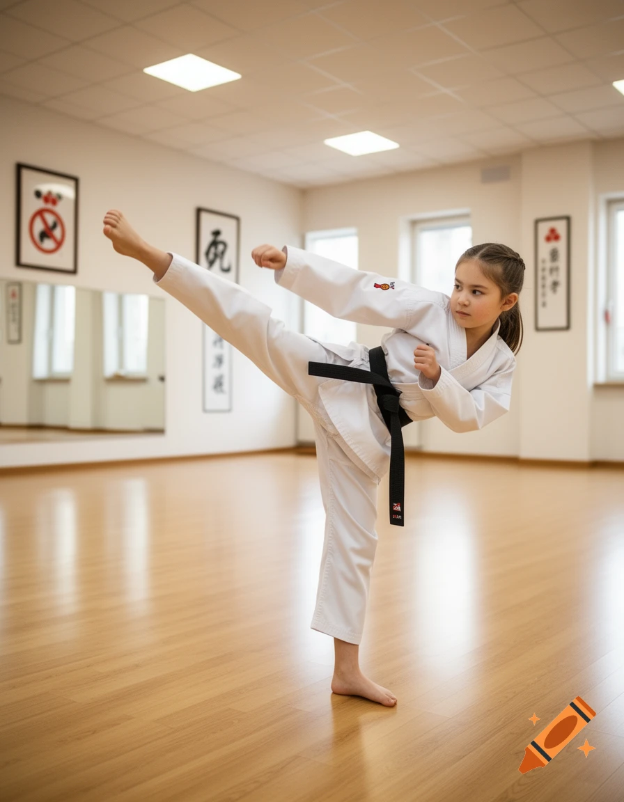 A young girl in a white taekwondo uniform with a black belt performs a high kick in a dojo with wooden floors.
