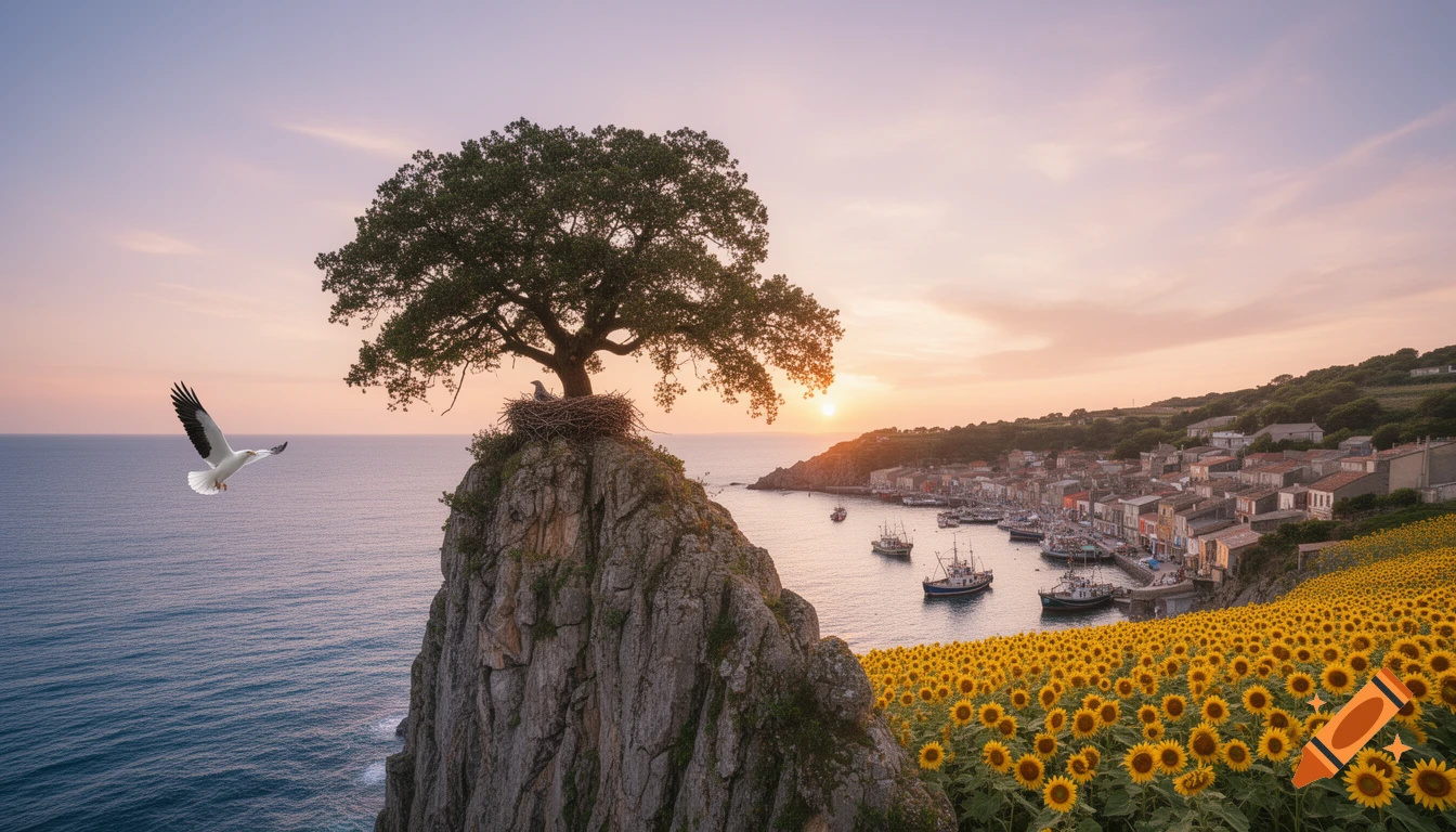 Photorealistic image of a large green tree on a rocky cliff overlooking a calm sea at sunset. An eagle flies towards the sea. To the right, a fishing village with boats in a harbor and a field of sunflowers are visible.