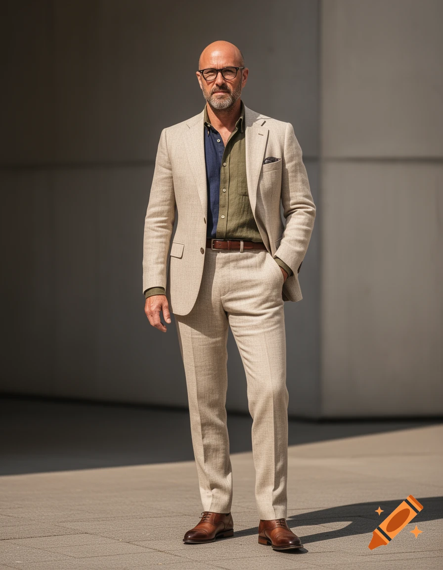 A bald man with glasses and a beard stands, wearing a beige linen suit, an olive green and navy shirt, brown belt, and brown shoes.