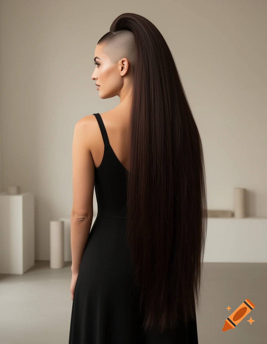 A woman viewed from the back, wearing a black dress, with very long dark hair and a shaved undercut hairstyle, in a minimalist room.