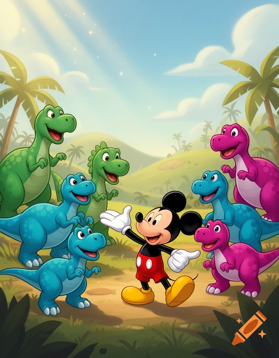 Mickey Mouse smiles, arms open, surrounded by friendly cartoon dinosaurs (green, blue, pink) in a lush jungle.