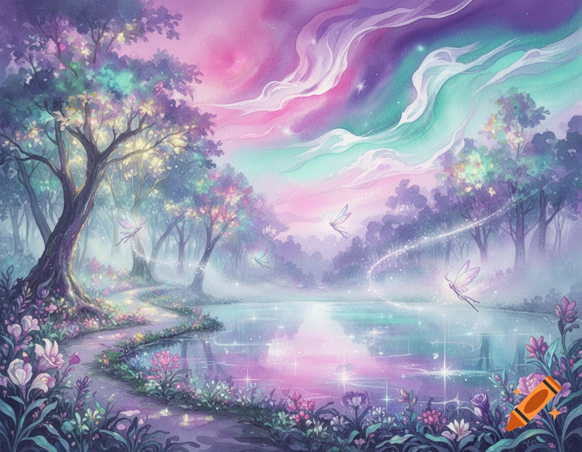 A vibrant watercolor fantasy landscape with glowing trees, a path, a reflective lake, and ethereal fairies under an aurora-like sky.
