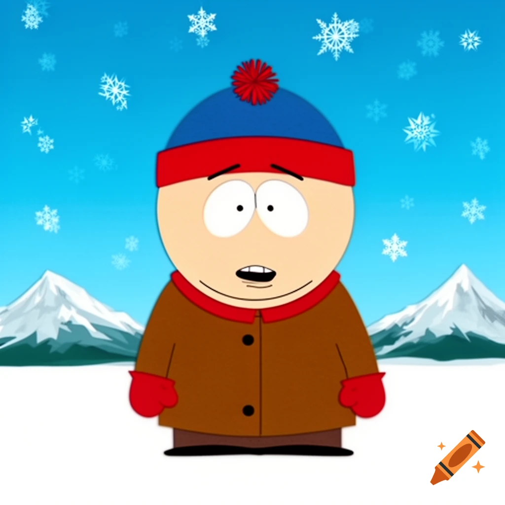 Cartoon Stan Marsh from South Park stands in a snowy landscape with mountains and falling snowflakes in the background.