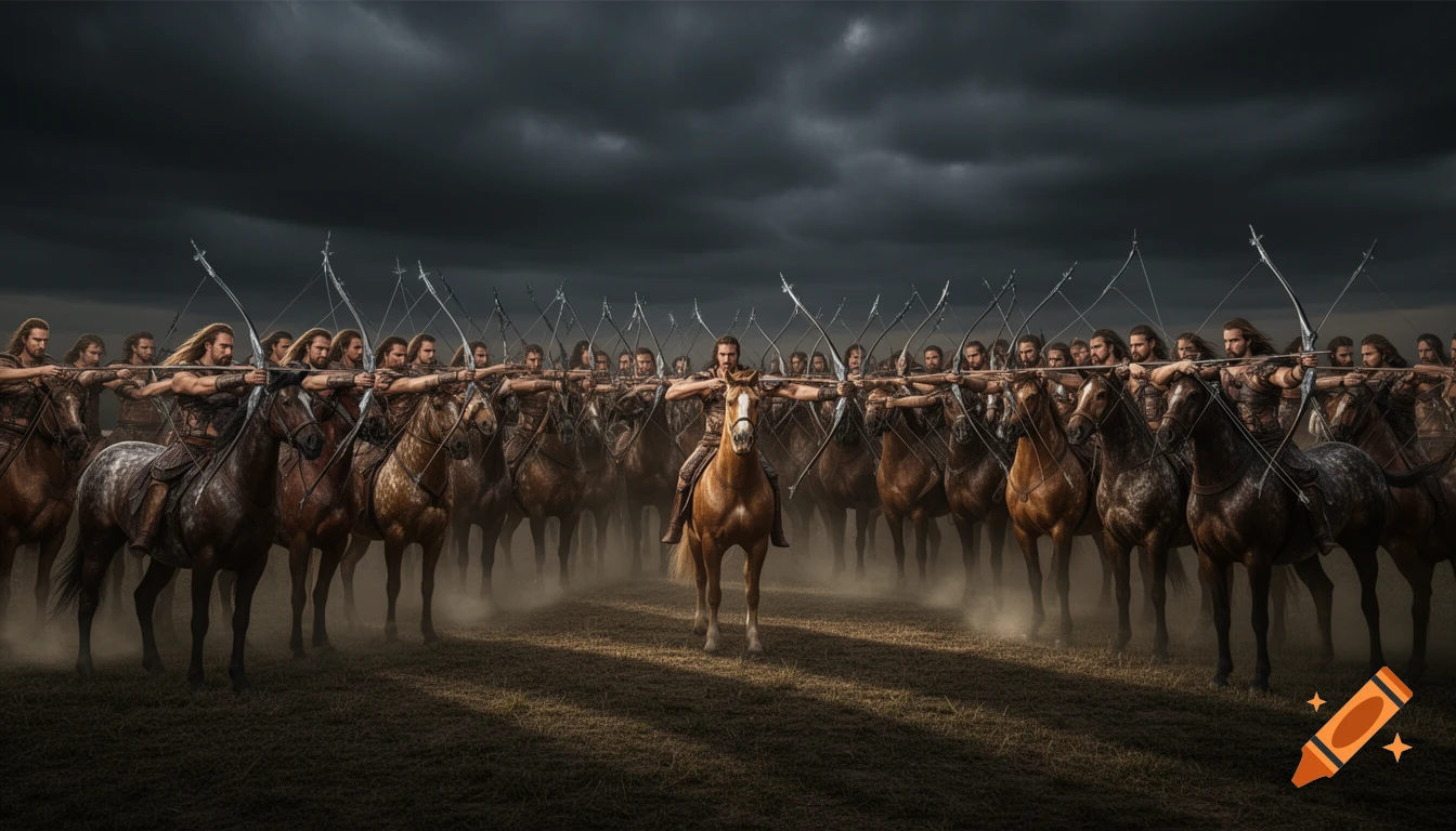 A large group of armed men with long hair, riding horses and aiming bows forward under a dark, stormy sky.