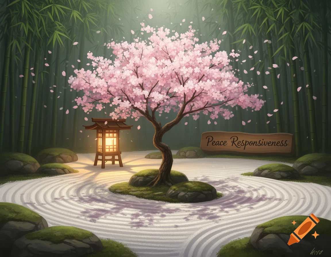 A cherry blossom tree, glowing Japanese lantern, and a sign in a tranquil zen garden with raked sand and bamboo.
