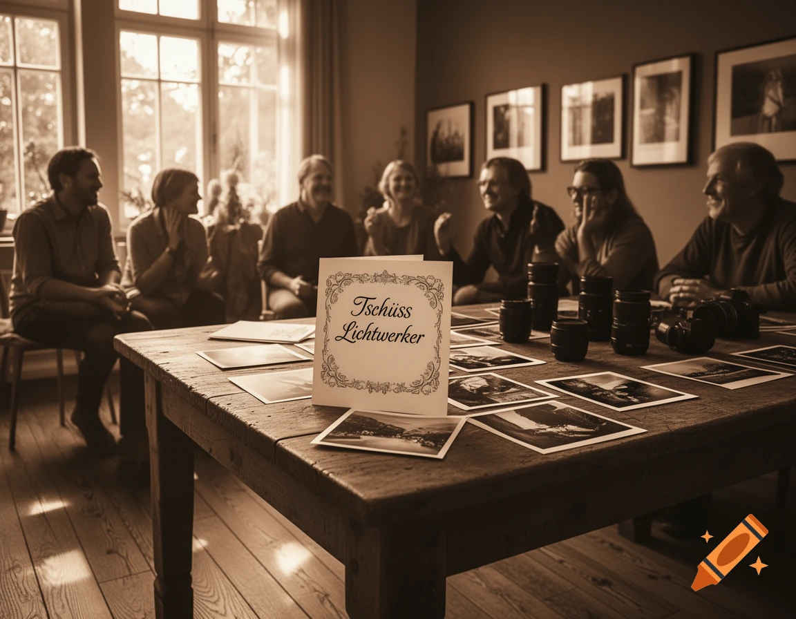 A sepia-toned photo shows a group of people around a table with camera gear and photos. A card reads 'Tschüss Lichtwerker'.