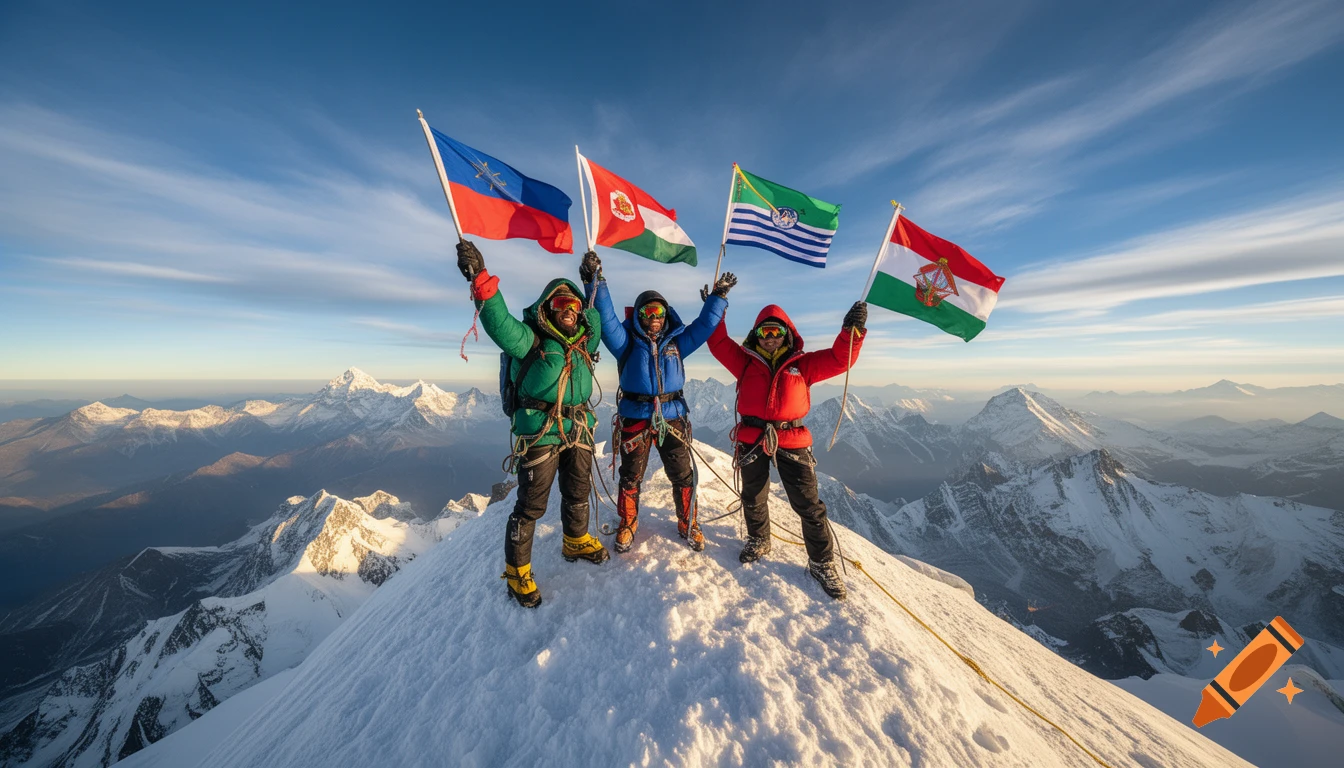 Three mountaineers in colorful gear celebrate on a snowy mountain peak, holding flags against a backdrop of distant mountains. Photorealistic.