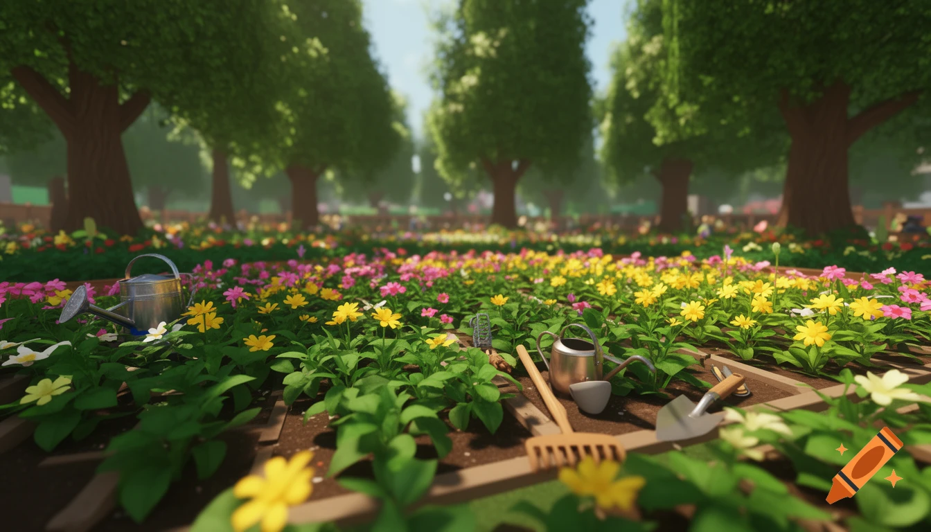 A stylized, low-angle view of a vibrant flower garden with gardening tools and tall trees in the background.