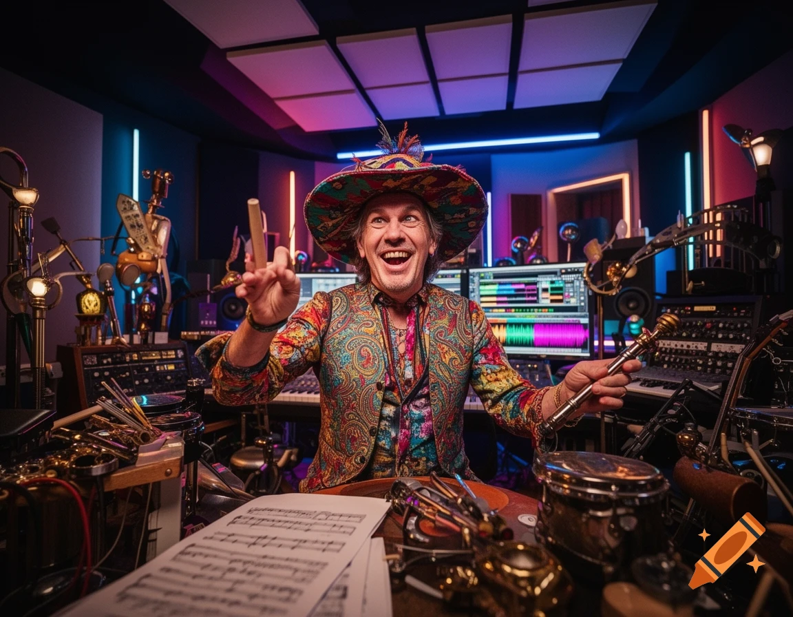 A joyful man in a colorful hat and paisley jacket holds drumsticks in a vibrant, neon-lit music studio.