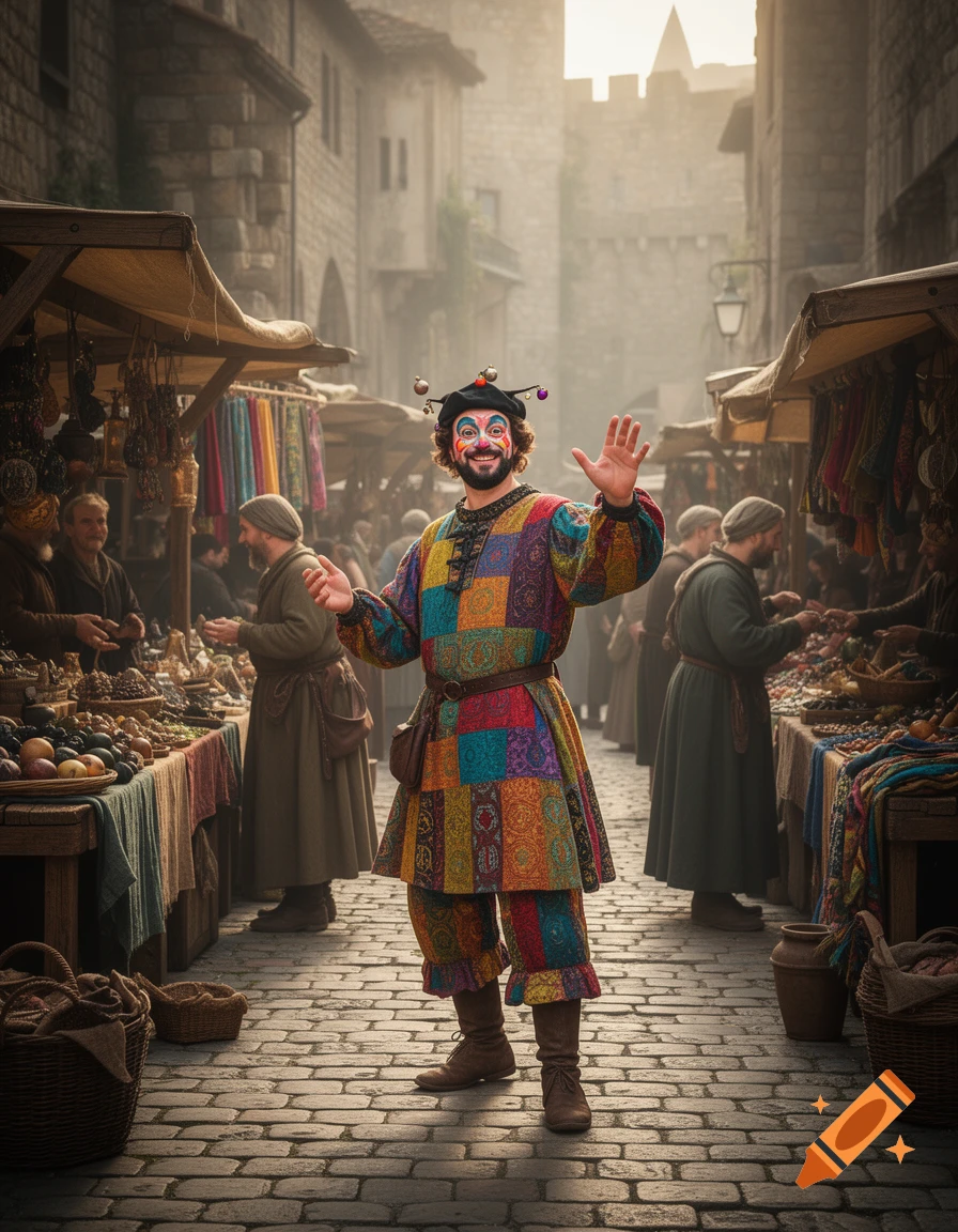 A smiling jester in a colorful patchwork costume waves cheerfully in a bustling medieval market.