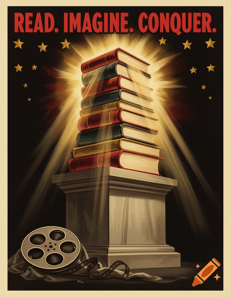 A vintage propaganda poster shows a stack of glowing books on a pedestal with a film reel below, text reads 'READ. IMAGINE. CONQUER.'