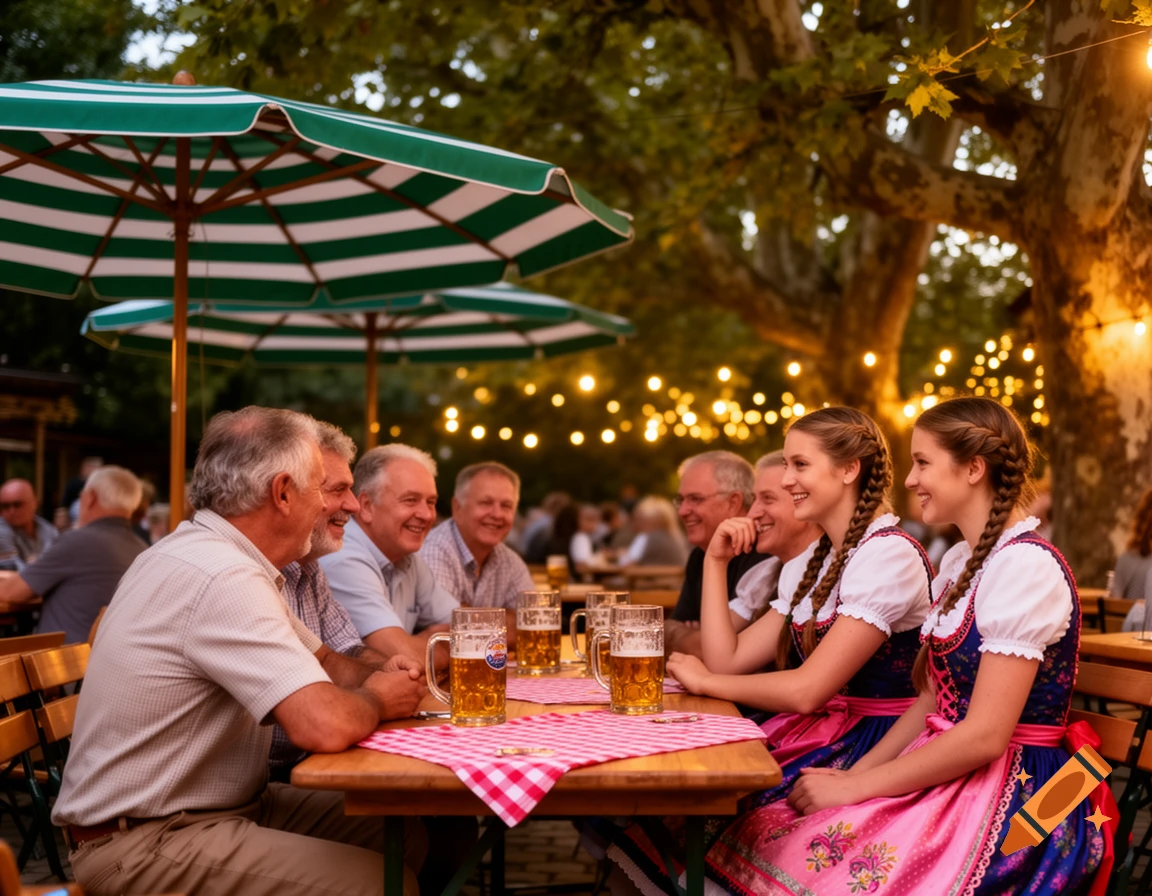 A group of happy men and women in traditional attire enjoy beer at an outdoor table under umbrellas and string lights in the evening.