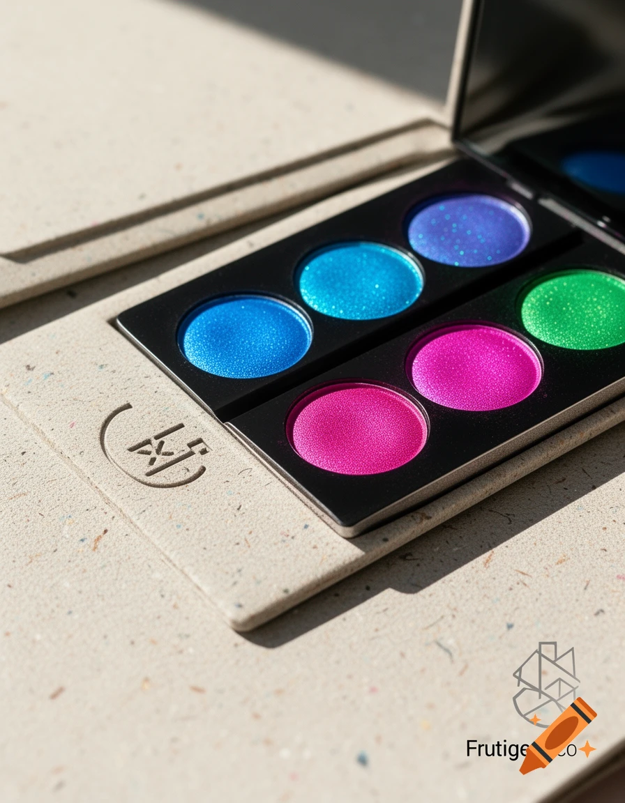 An open eyeshadow palette with six sparkly blue, cyan, purple, pink, and green shades on textured cardboard packaging, with 'Frutiger Eco' branding.