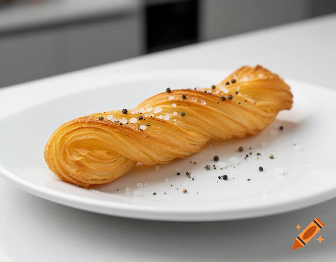 A close-up of a golden-brown, twisted potato-puff pastry on a white plate, sprinkled with sea salt and black pepper.