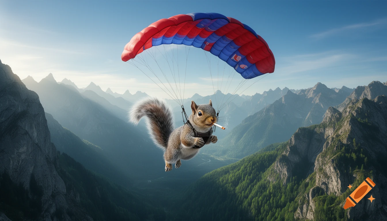 A photorealistic squirrel wearing a harness and paragliding with a red and blue parachute over vast green mountains, smoking a cigarette.