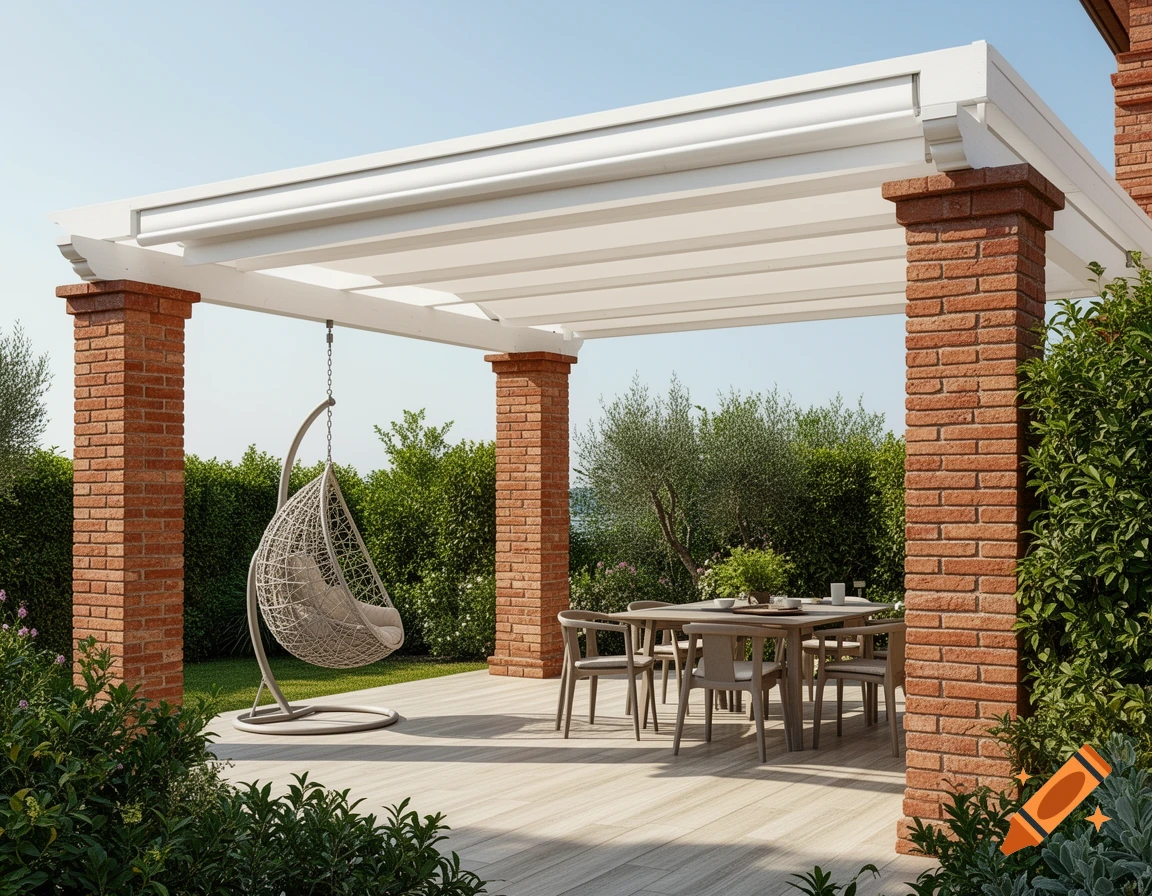 A photorealistic architectural rendering of a coastal Italian villa patio with a white pergola, brick pillars, egg chair, and dining set.