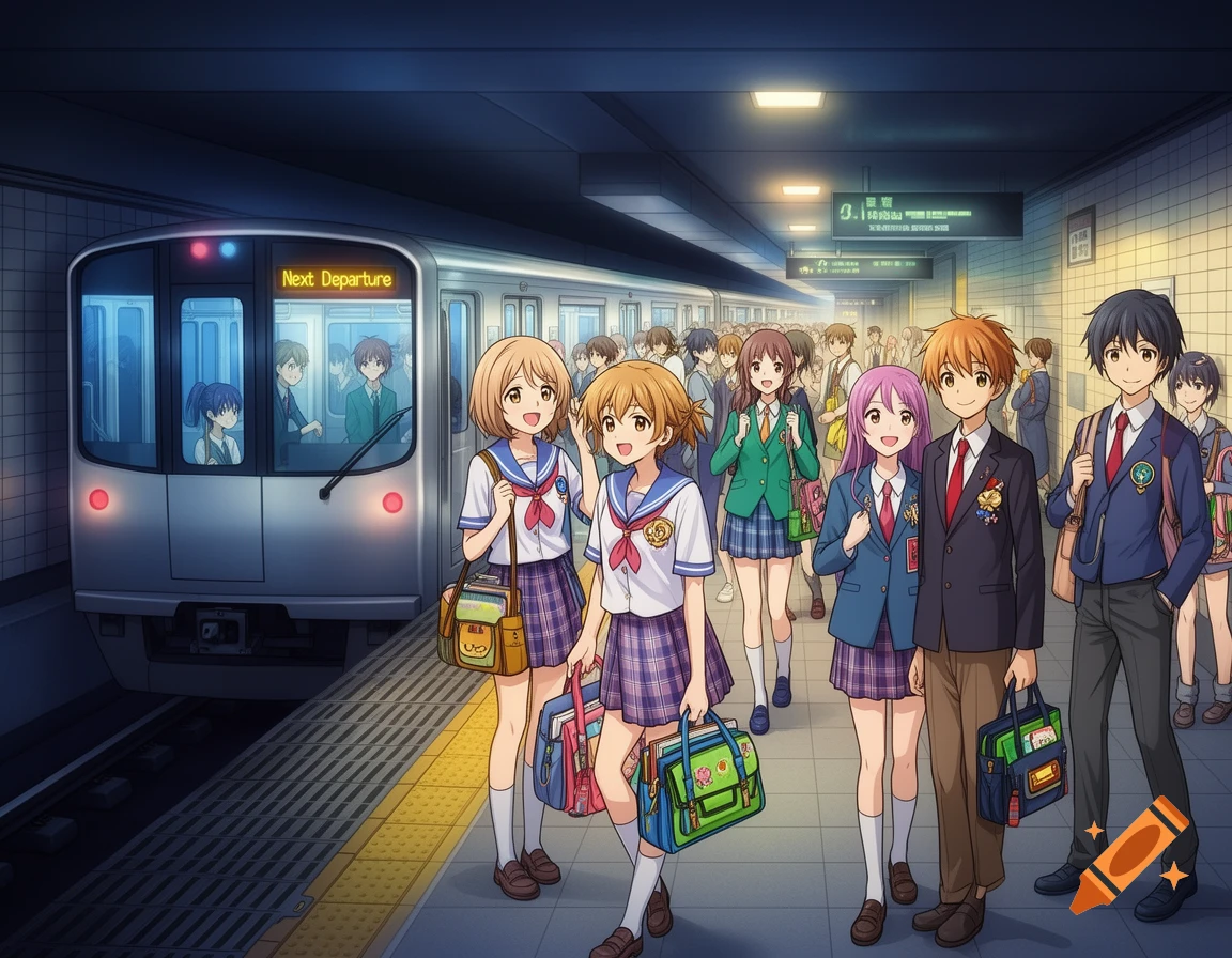 Anime students with school bags stand on a subway platform next to an arriving train labeled 'Next Departure'.