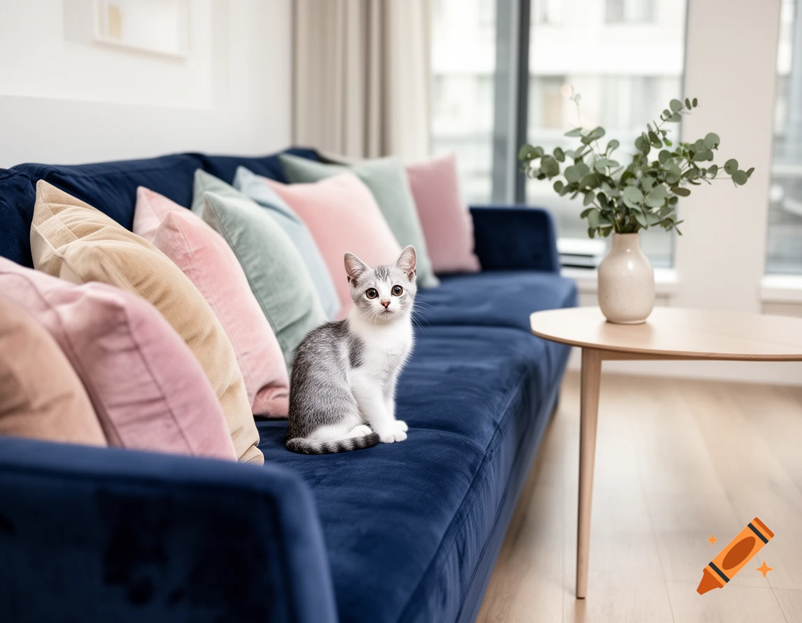 A cute gray and white kitten sits on a navy blue sofa among colorful pillows in a modern living room.
