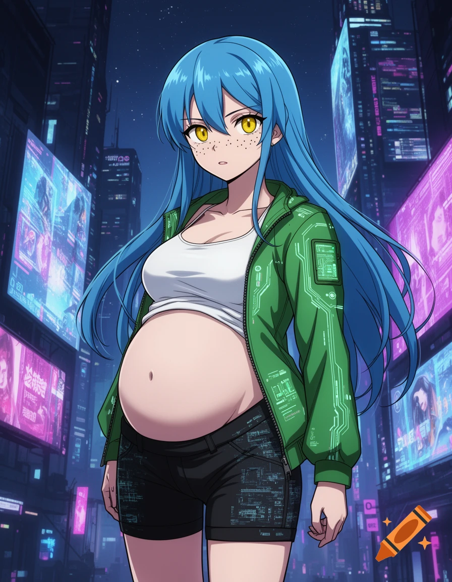 A pregnant anime woman with blue hair, yellow eyes, and freckles in a cyberpunk city setting, wearing a white tank top, green techno jacket, and black shorts.
