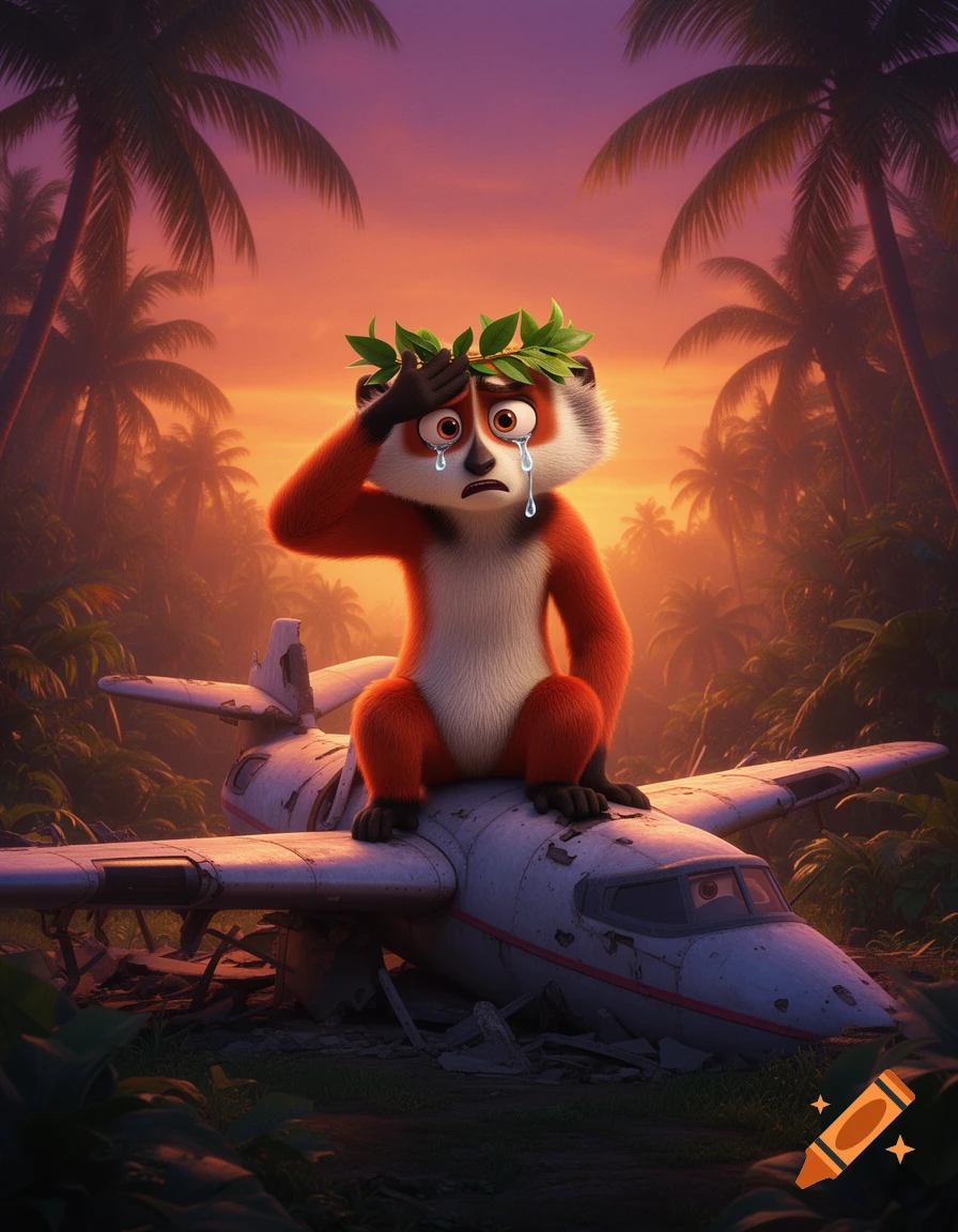 King Julien, a cartoon lemur, cries dramatically with a leaf crown, sitting on a crashed airplane in a tropical jungle at sunset. Disney Pixar 3D animation style.