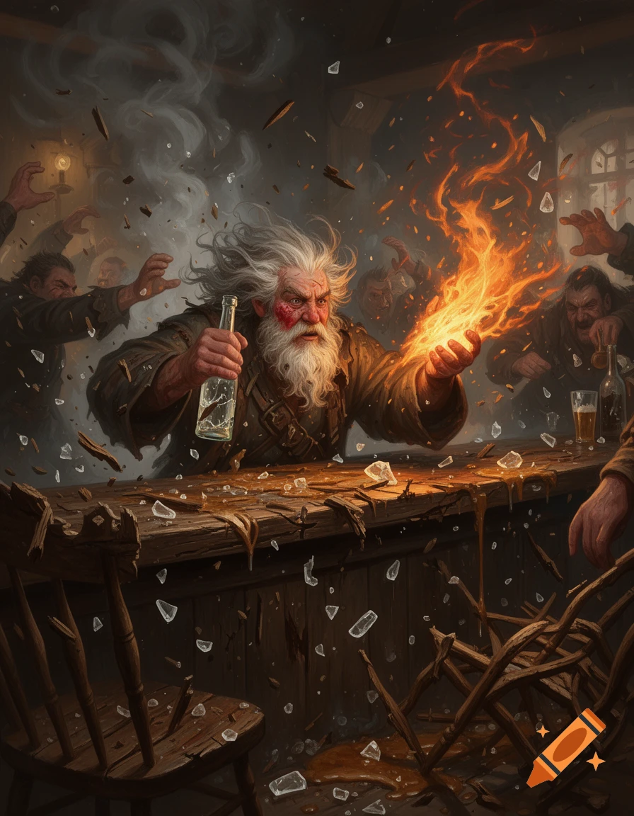A digital fantasy painting of an old fire mage with a white beard, firing a magical fire dart and holding a broken bottle during a chaotic tavern brawl.