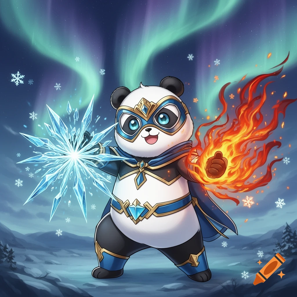 Cute anime panda superhero in blue and gold costume, wielding ice and fire against an aurora and snowy background.