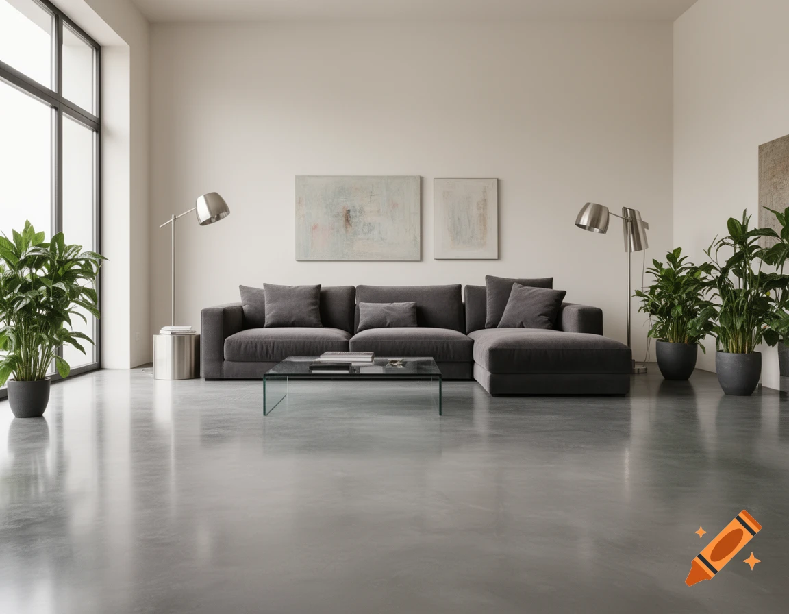 A modern living room with a dark gray sectional sofa, a glass coffee table, and two floor lamps. Large windows on the left and potted plants complete the minimalist decor.