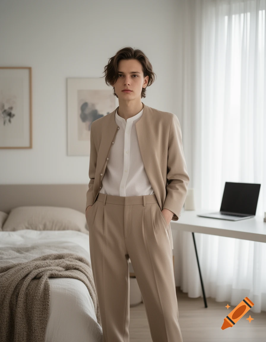 A young man with wavy brown hair wearing a beige suit and white shirt, standing in a minimalist bedroom.